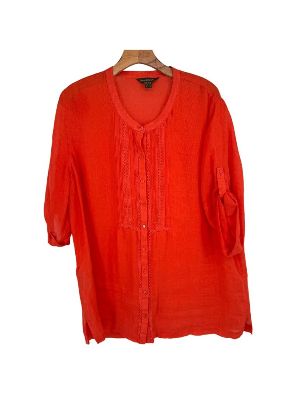 Tommy Bahama Womens orange Linen Button-Up Blouse size XL 3/4 roll tab sleeve